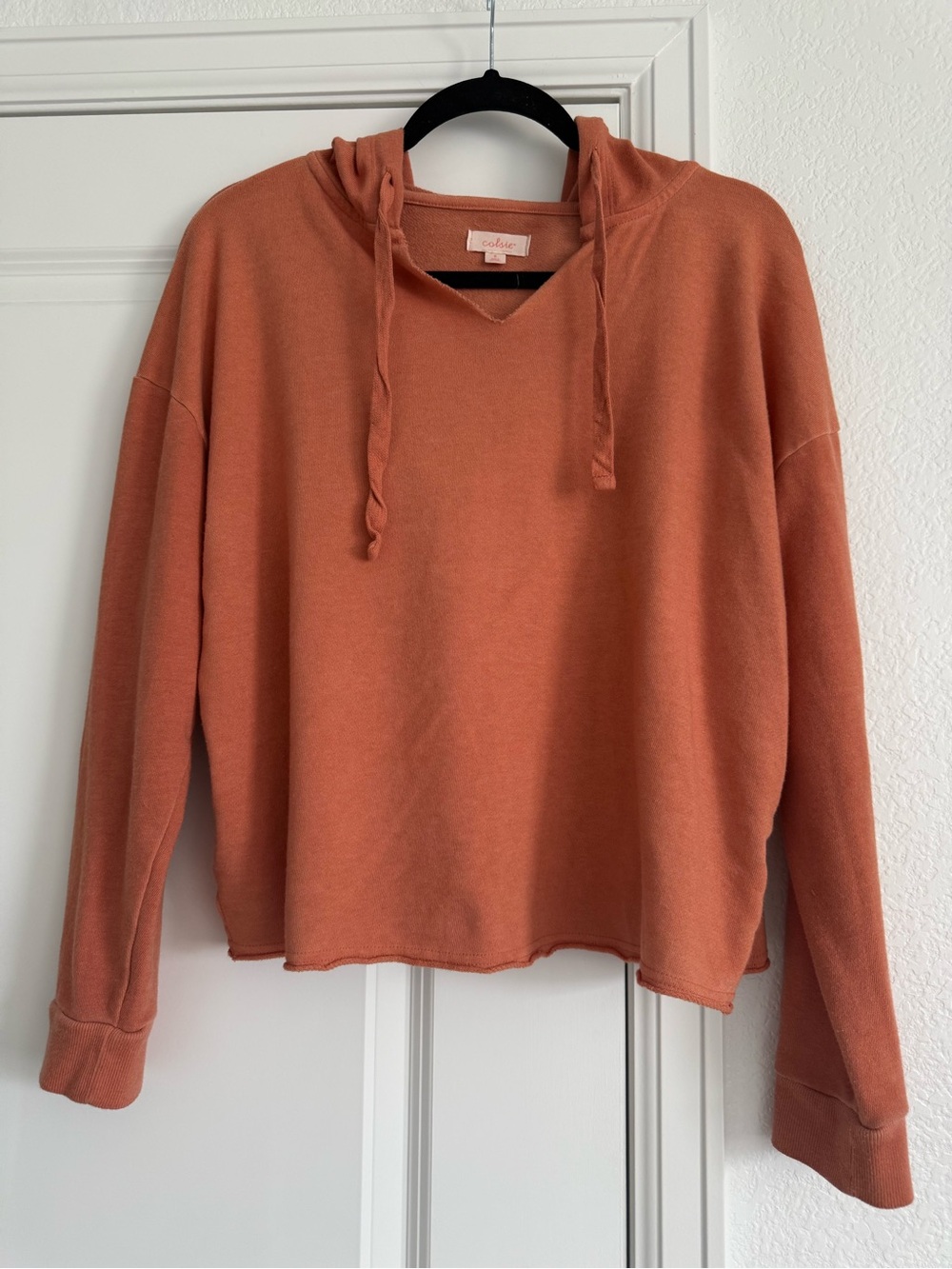 Colsie Rust Orange Hooded, V-neck Cropped Sweater, hoodie, Womens small.